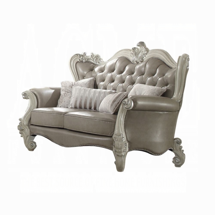 Versailles Vintage Gray Leatherette Loveseat with 4 Pillows