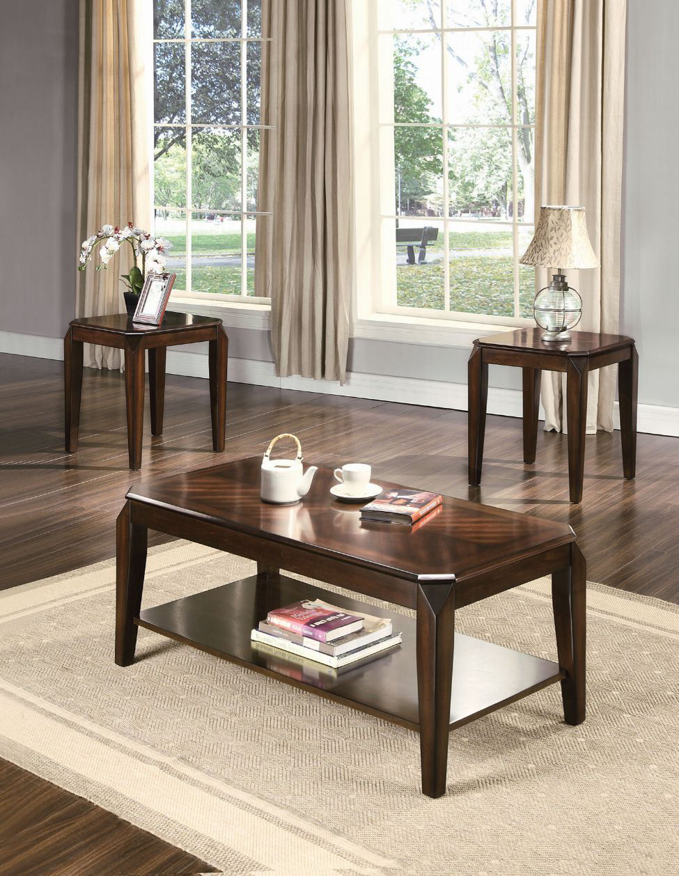 Docila Complete 3 Piece Walnut Coffee and End Table Set