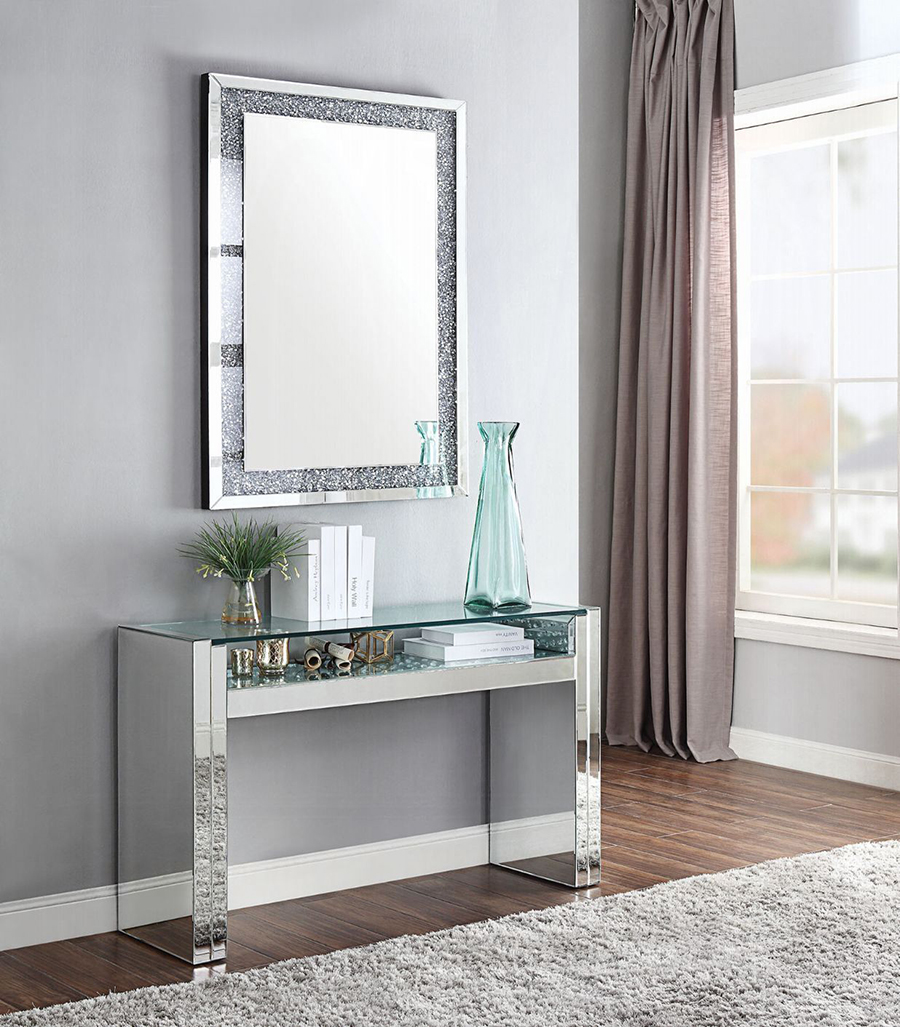 Nysa Mirrored Sofa Table with Faux Crystal Open Shelf