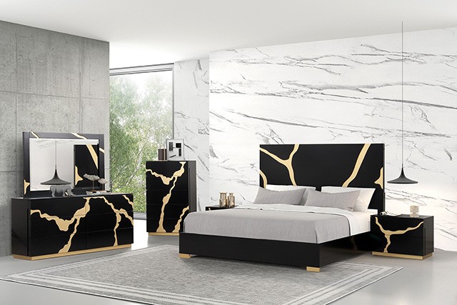 Goldsberg I Contemporary Bed with Gold-Painted Pattern