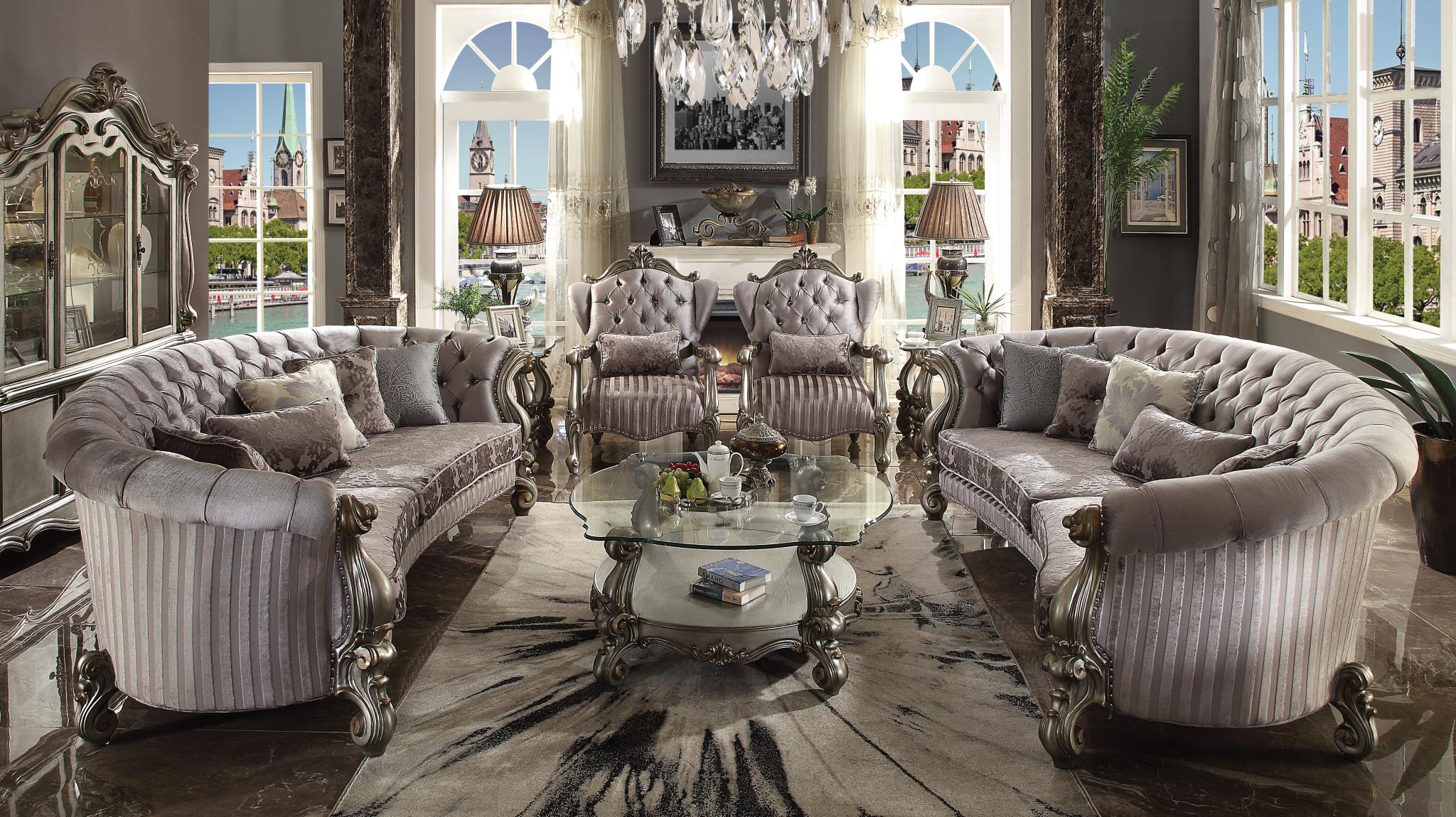 Versailles Velvet and Antique Platinum Crescent Sofa