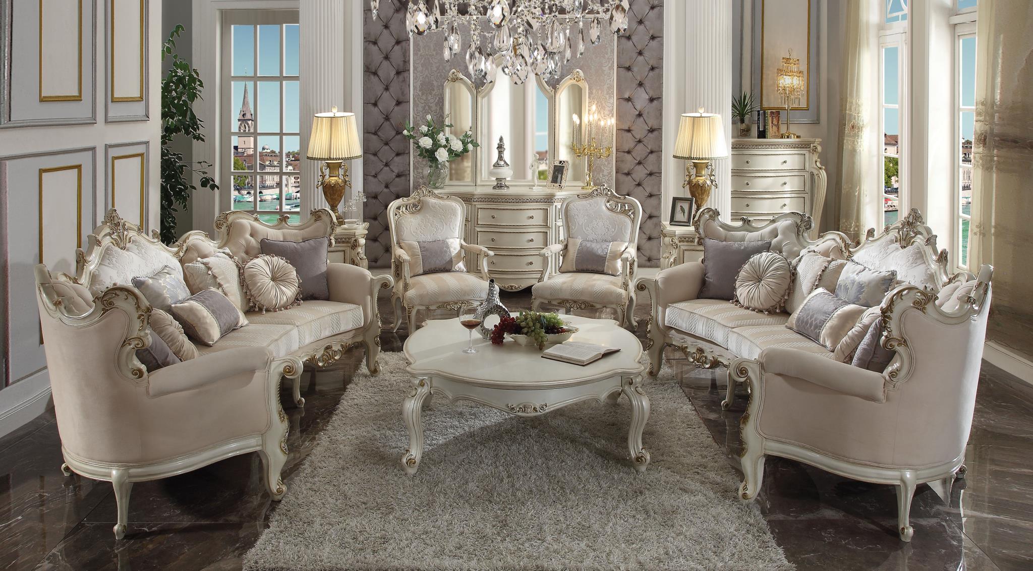 Picardy Vintage Antique Pearl Fabric Victorian Style Sofa with Eight Pillows