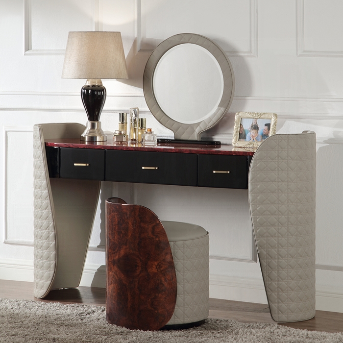 Jamonica Gray Leatherette & Glossy Wood Grain Top Vanity Table