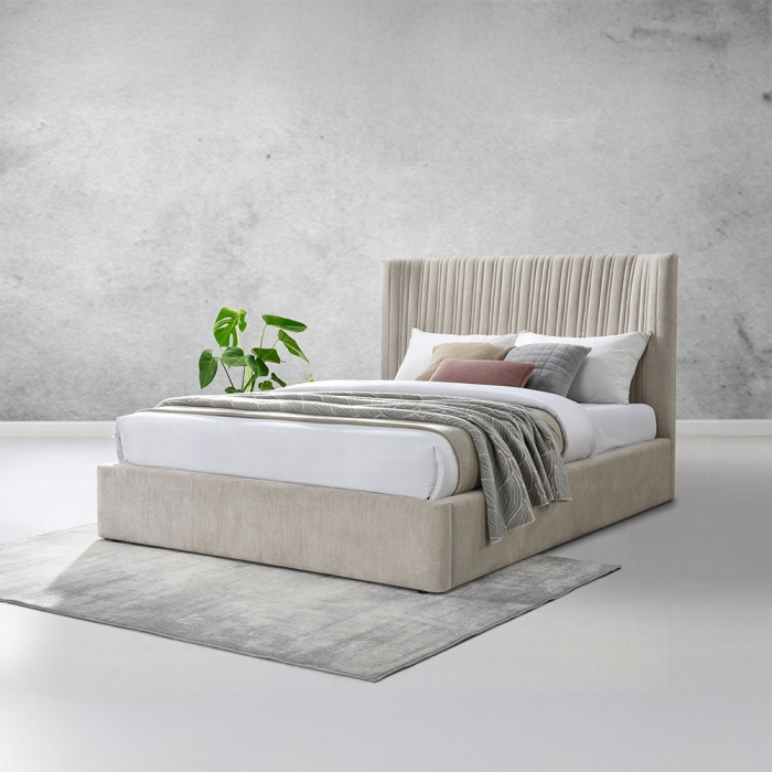 Loren Composite Wood Beige Linen Platform Bed