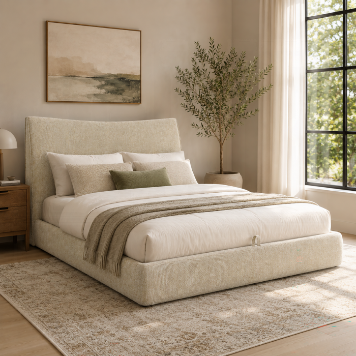 Angulo Beige Chenille Storage Platform Bed