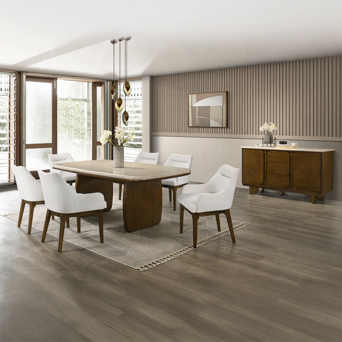 Kasha Natural Marble Top Vintage Oak Dining Table