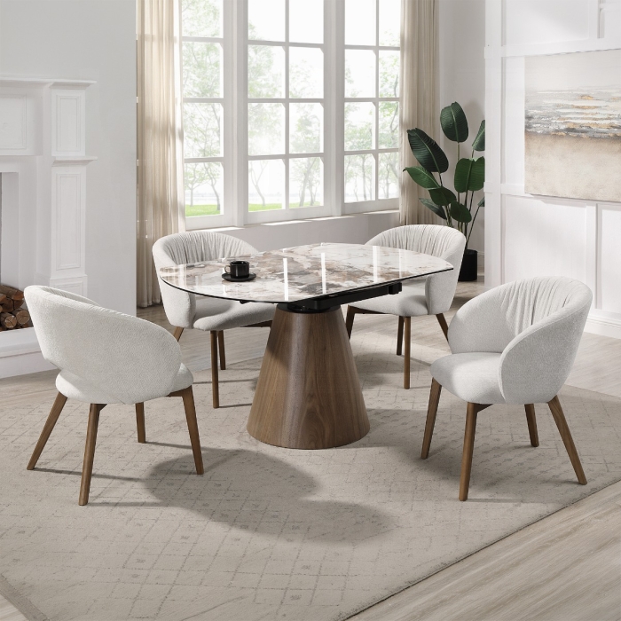 Eada Beige Chenille Ceramic Top Extension Dining Table