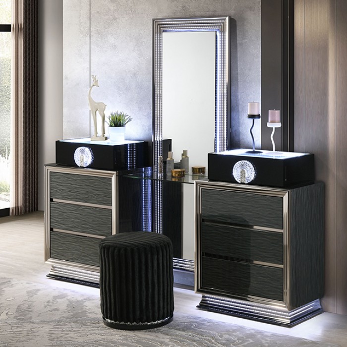 Noire Contemporary Charcoal Gray Black Vanity Set with Stool