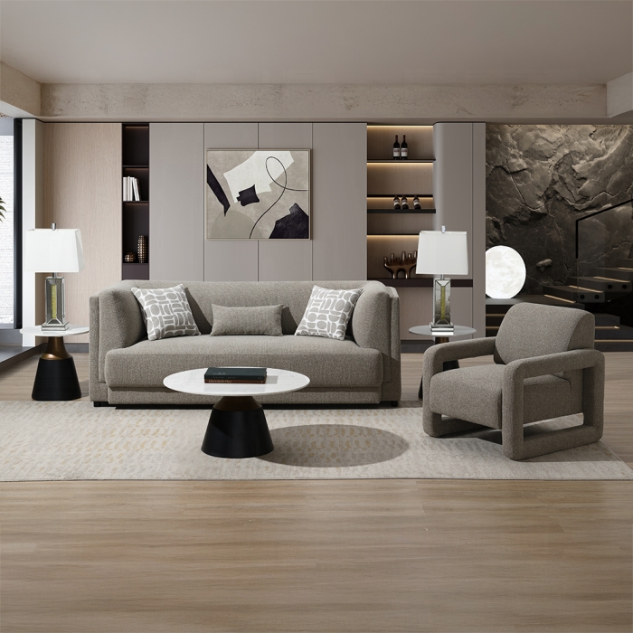 Glenda Gray Boucle Sofa with 3 Pillows