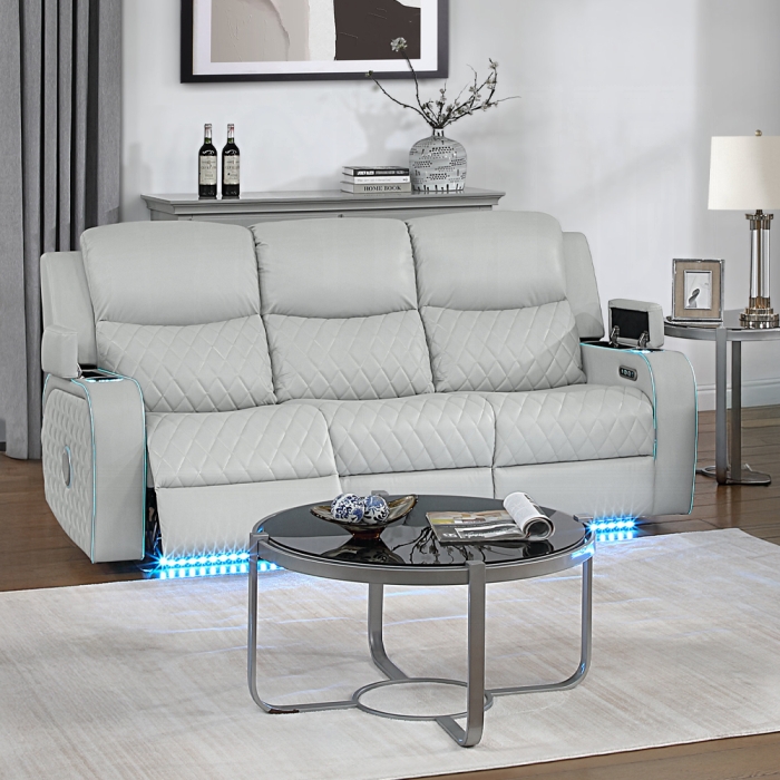 Elonzo Light Gray Leatherette Power Motion Reclining Sofa