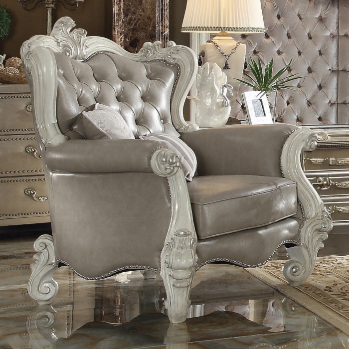 Versailles Vintage Gray Leatherette Chair with 2 Pillows