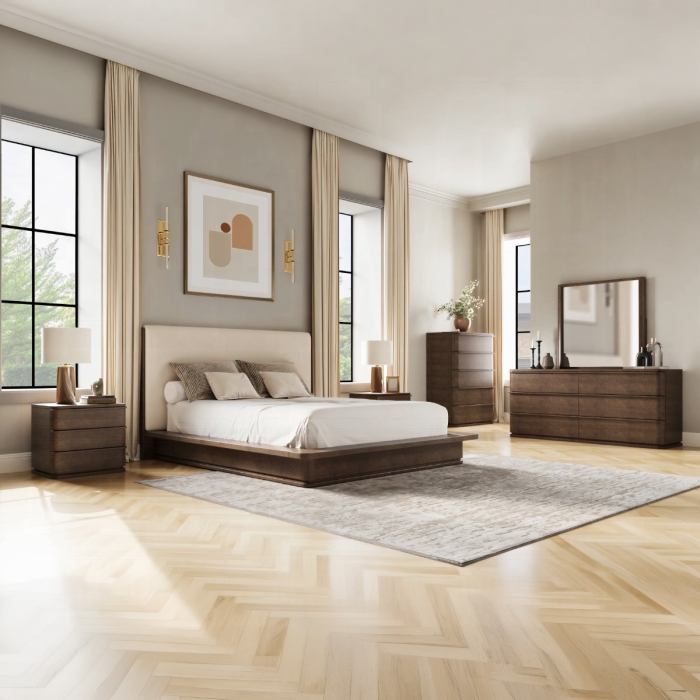 Zoey Cream Linen Brown Oak Platform Bed