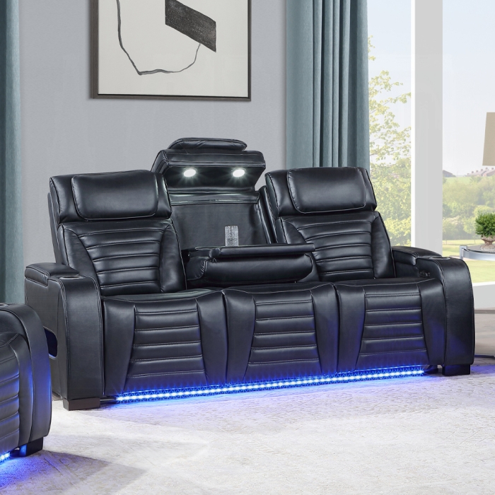 Ephron Black Leather Air Power Motion Reclining Sofa with LED