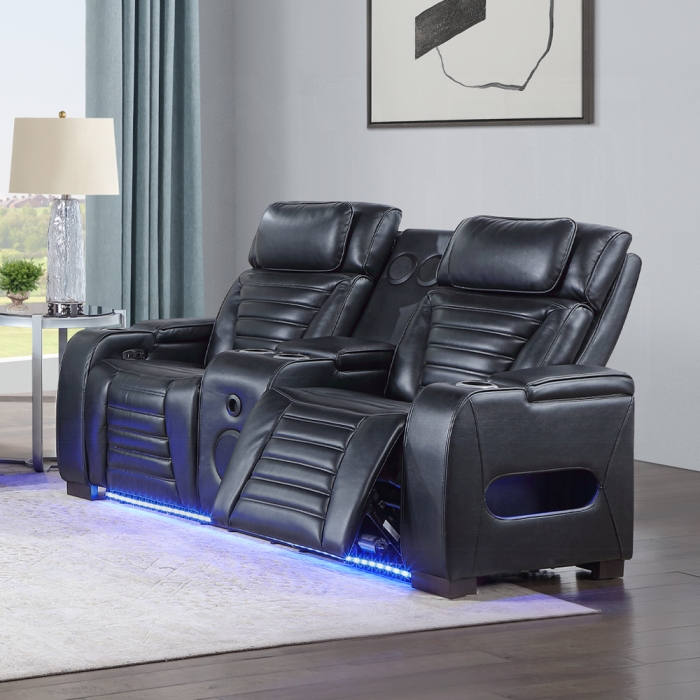 Ephron Black Leather Air Power Motion Reclining Loveseat with LED