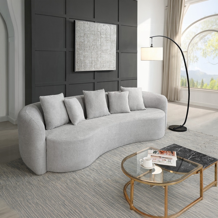 Barasa Gray Chenille Compressed Sofa with 5 Pillows